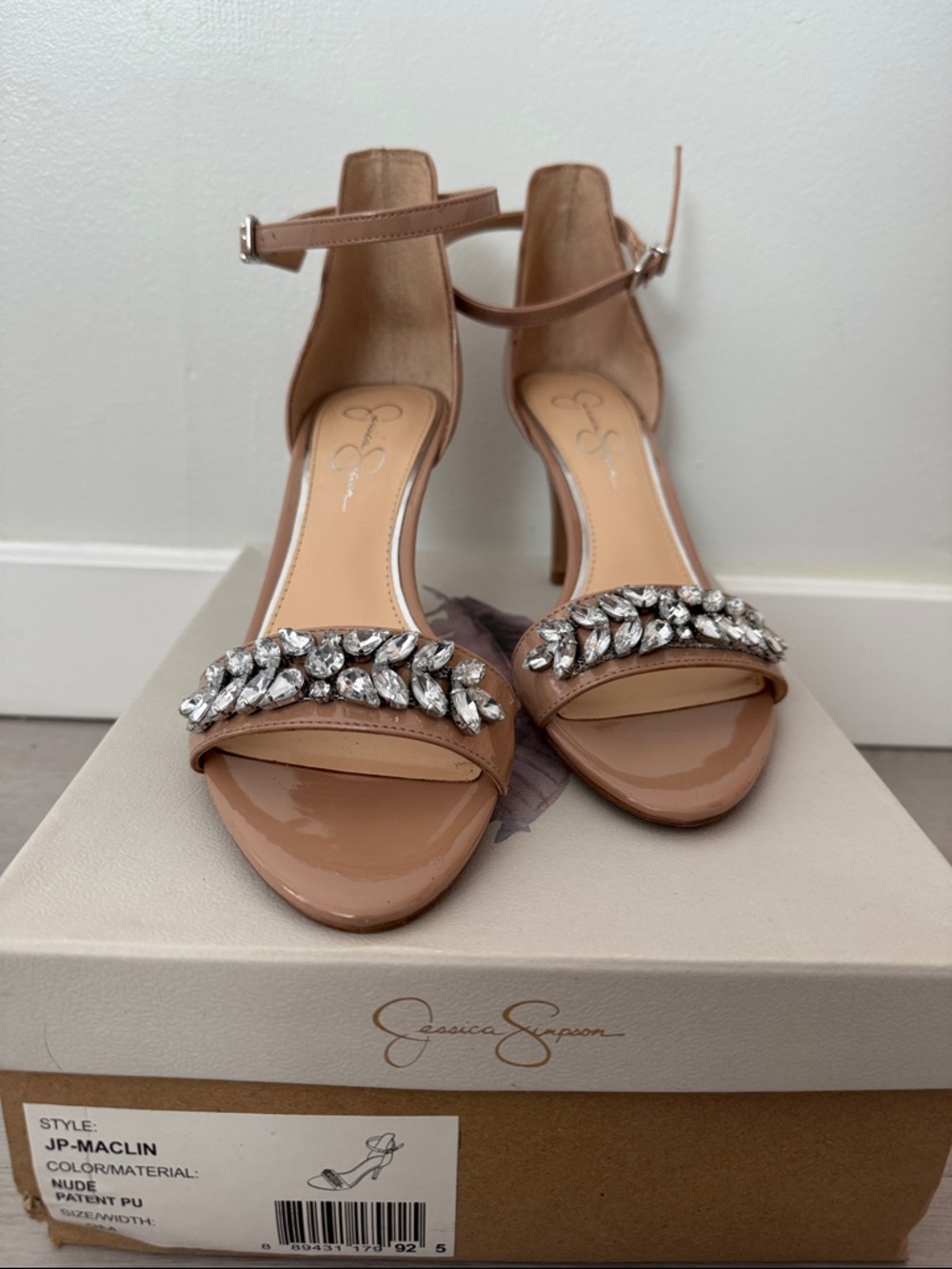 Jessica Simpson Maclin Nude Patent Ankle-Strap Heels with Crystal Embellishment